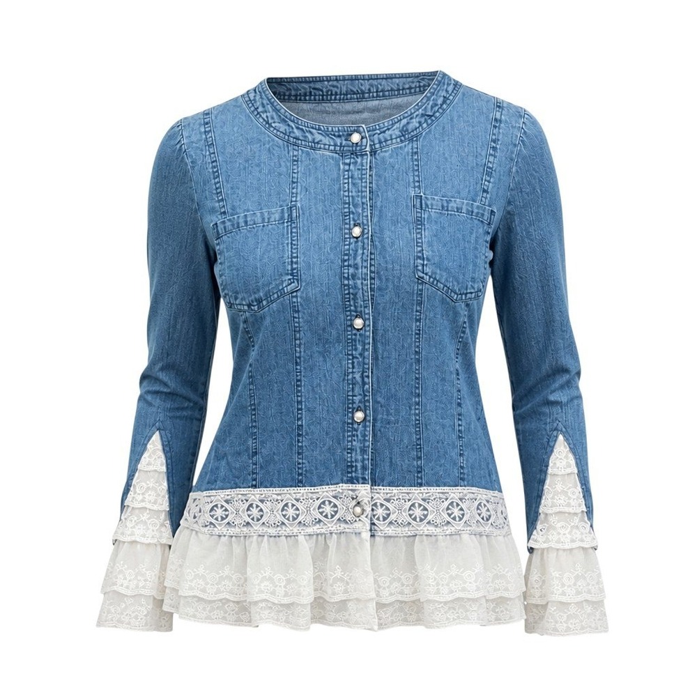 Coastal Cowgirl Western Boho Denim Chambray Top Pearl Snap Lace Ruffle Shirt M